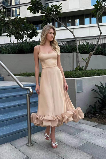 Woochic robe cocktail col en U ourlet à bretelles,trapèze abricot S